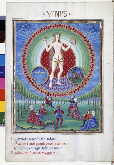Vem com os sinais do zodíaco de equilíbrio e touro. Lá em baixo, as cenas galantes. Miniatura feita por Cristoforo de Predis (v. 1440-v. 1486) - em "De Sphaera" d