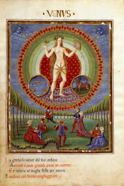 Vem com os sinais do zodíaco de equilíbrio e touro. As cenas galantes (miniatura, c.1470) de Cristoforo De Predis