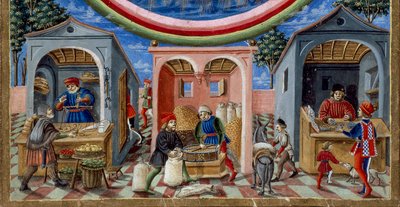 Detalhe dos comerciantes que vendem vários artigos: à esquerda, um comerciante de frutas e legumes, no centro um moinho de grãos de moldagem (Miniatura, cerca de 1470) de Cristoforo De Predis