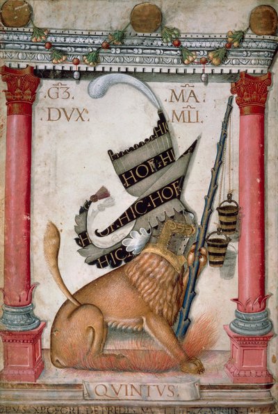 Símbolo heráldico representando uma crista com um leão, faíscas e baldes de Galeazzo Maria Sforza, página iluminada por Cristoforo de Predis do Códice do Novo Testamento, varia 124, Itália 1475. de Cristoforo De Predis