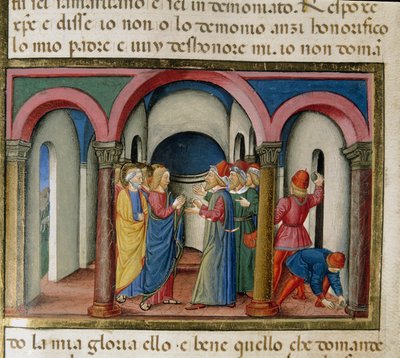 Jesus foi interpelado perto do templo de Salomão por judeus que lhe pediram para provar a sua identidade miniatura de Cristoforo De Predis (1440-1486) depois da História do Novo Testamento. de Cristoforo De Predis