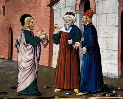 Judas vai ao sacerdote e confessa a sua traição a Cristo, do Legendario Sforza-Savoia de Cristoforo De Predis