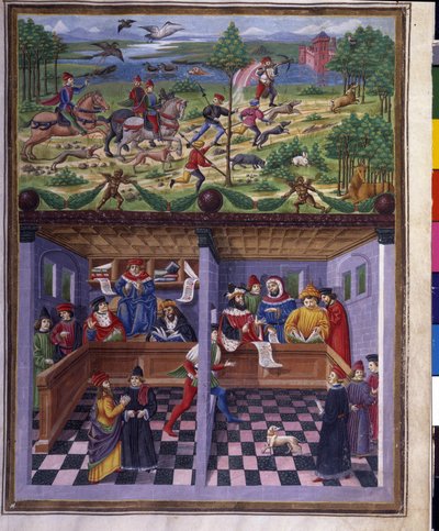 Influência de Março: caça e tribunal. Miniatura feita por Cristoforo de Predis (v. 1440-v. 1486) - em "De Sphaera" d