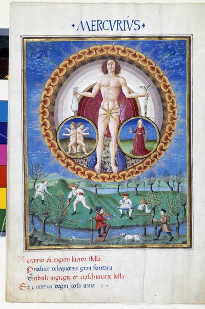 Mercúrio com sinais do zodíaco da Virgem e dos Gémeos. Lá em baixo, camponeses que trabalham nos campos. Miniatura feita por Cristoforo de Predis (v. 1440-v. 1486) - em "De Sphaera" d