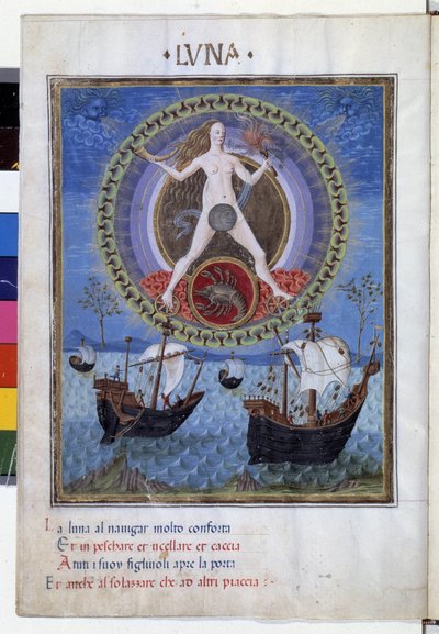 Lua com o signo do zodíaco do cancro. Lá em baixo, barcos durante a subida da maree. Miniatura feita por Cristoforo de Predis (v. 1440-v. 1486) - em "De Sphaera" d
