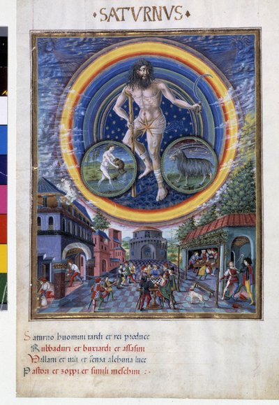 Saturno com sinais zodiacais de aquário e capricórnio. Lá em baixo, as cenas do jogo e a sua influência nos homens. Miniatura feita por Cristoforo de Predis (v. 1440-v. 1486) - em "De Sphaera" d