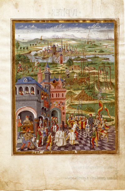 Cena de tortura e condenações em uma cidade medieval. Influências de Saturno (miniatura, c.1470) de Cristoforo De Predis