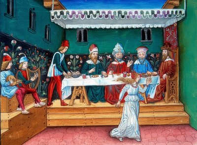 Durante o banquete de Herodes, Salomé entrega a cabeça de João (c. 144r). 1476 de Cristoforo De Predis