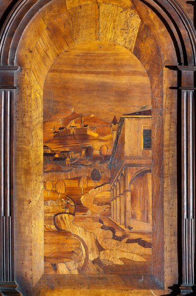 Paisagem, Intarsia, detalhe do coro de madeira de Cristoforo and Giuseppe Da Venetiis