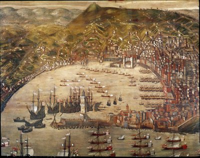 Vista da cidade e do porto de Génova, com a entrada de navios. (Óleo sobre tela de Cristoforo Grassi or Grasso