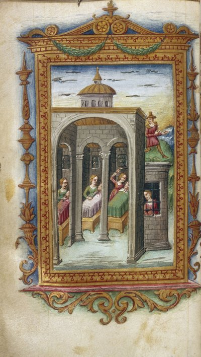 Filhas de Danaus assassinando seus maridos. Hypermnestra na prisão Ilustração para The Heroides por Ovid, 1485-1499 de Cristoforo Majorana