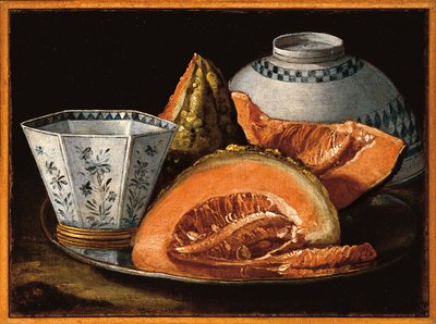 Melão e um copo octogonal sobre um carregador de prata, uma tigela virada para trás (óleo sobre tela) de Cristoforo Munari