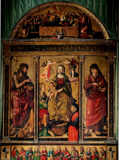 Tríptico do casamento místico de Santa Catarina, rodeado por São João Batista e São João Evangelista (Pintura em madeira de Cristoforo Scacco