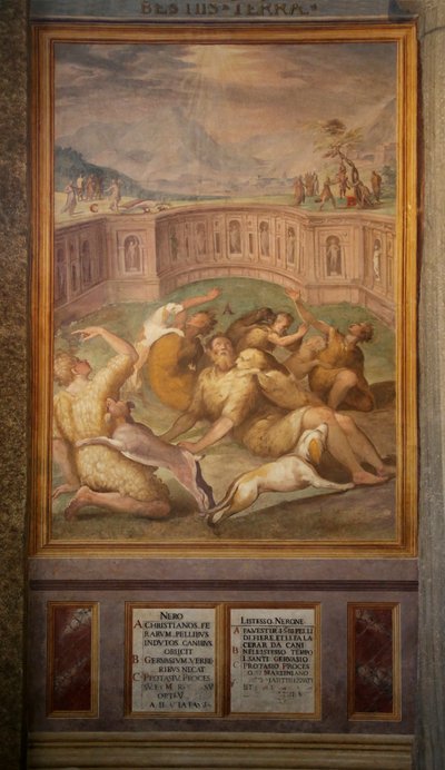 Santos, possivelmente Gervais e Protais, jogados aos animais de Cristoforo and Tempesta, Antonio Roncalli