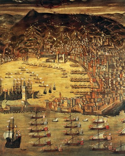 Vista de Génova e do seu porto, Pintura de Cristoforo Grassi (1565-1598), Itália de Cristoforo de Grassi