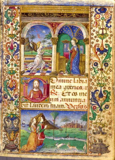 Anunciação, Livro de Horas de Borromeu, com Giovanni III Borromeu e sua esposa Cleofa Pio da Carpi em oração. de Cristoforo De Predis