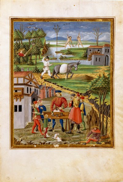 Influência da Lua: cena da pesca, caça e agricultura (miniatura, c.1470) de Cristoforo De Predis