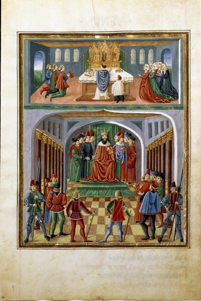 Influência do sol: poderes temporais (rei perante os seus cortesãos) e poderes espirituais (sacerdote a servir numa igreja). (miniatura, c.1470) de Cristoforo De Predis