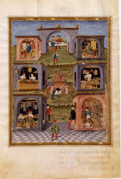 Influências de Mercúrio: os artesãos. Uma cena culinária rodeada por uma cena de refeições, um copista, um relojoeiro, um armeiro, um organeiro, um escultor e um pintor de arte sacra (miniatura, c.1470). de Cristoforo De Predis