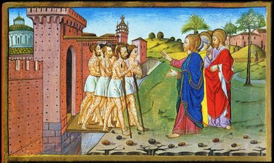Jesus e os leprosos. Miniatura de Cristoforo por Predis - em Historia do novo testamento de Cristoforo De Predis