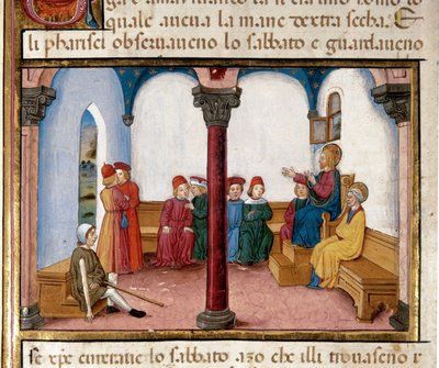 Jesus guerreia o homem com a Miniatura de mão seca de Cristoforo De Predis (1440-1486) depois da História do Novo Testamento (fol. 81) de Cristoforo De Predis