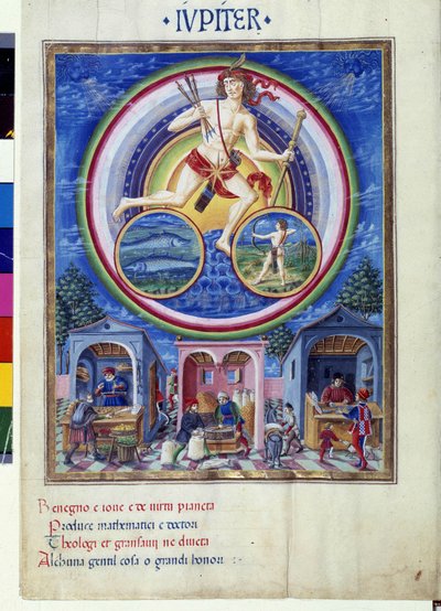 Júpiter com sinais zodiacais de peixes e Sagitário. Lá embaixo, mercadores vendendo vários itens. Miniatura feita por Cristoforo de Predis (v. 1440-v. 1486) - em "De Sphaera" d