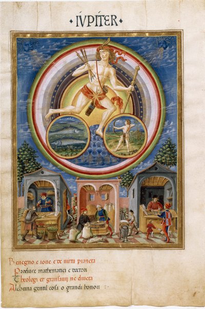 Júpiter com sinais zodiacais de peixes e Sagitário. Comerciantes que vendem vários artigos. (miniatura, c.1470) de Cristoforo De Predis