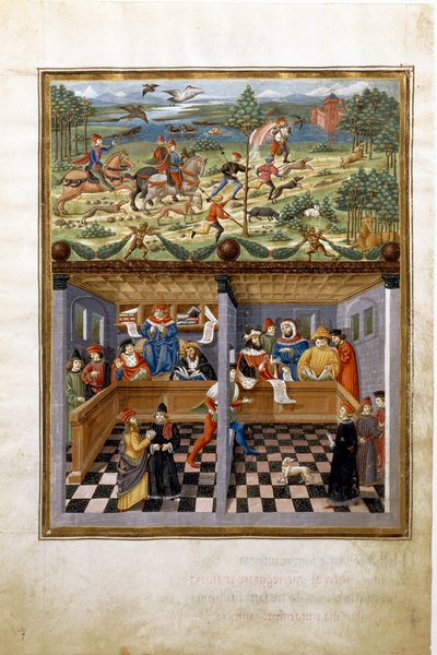 A influência de Júpiter: a caça e a corte. (miniatura, c.1470) de Cristoforo De Predis