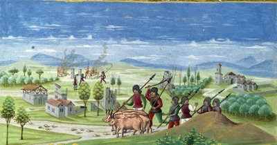 Pilhagem durante a guerra. Detalhe da "Influência do Sol": A Guerra. Miniatura feita por Cristoforo de Predis (v. 1440-v. 1486) - em "De Sphaera" d