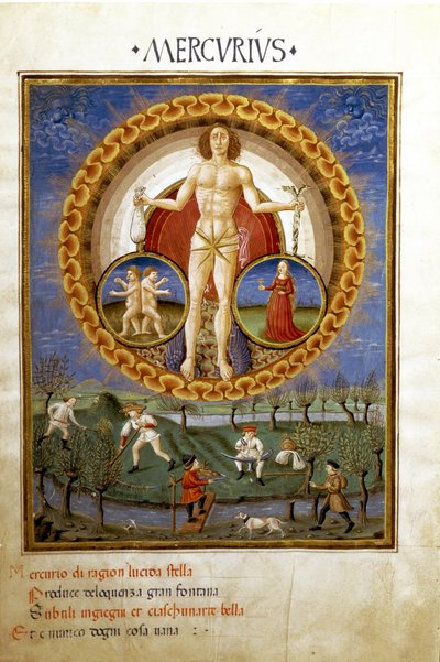 Mercúrio com sinais do zodíaco da Virgem e dos Gémeos. Camponeses que trabalham nos campos (miniatura, c.1470) de Cristoforo De Predis