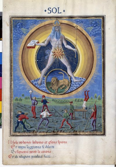 Sol com o signo do zodíaco do leão. Lá em baixo estão as cenas dos exercícios físicos dos homens. Miniatura feita por Cristoforo de Predis (v. 1440-v. 1486) - em "De Sphaera" d