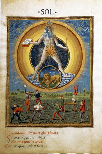 Sol com o signo do zodíaco do leão. Cenas dos exercícios físicos dos homens. (miniatura, c.1470) de Cristoforo De Predis