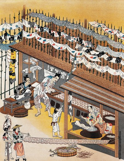 Artesãos no trabalho, pintando telas de seda, Período Edo (1600-1868) de Culture Edo