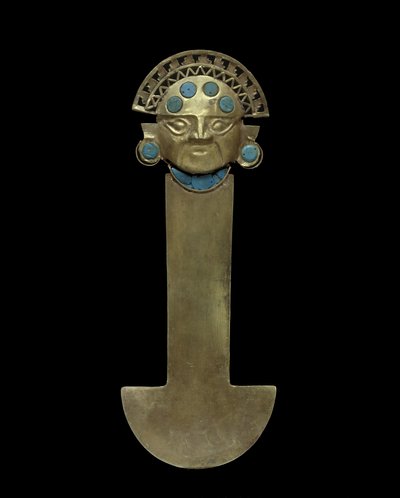 Faca Tumi, 800-1375 DC (ouro martelado, cravejado e filigranado com incrustações turquesa) de Culture Sicán