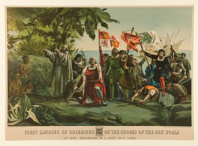 Primeiro desembarque de Colombo nas margens do Novo Mundo de Currier and Ives