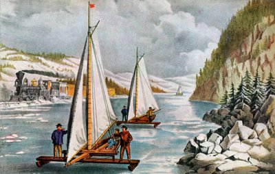 Raça de barco no rio Hudson, século XIX. de Currier and Ives