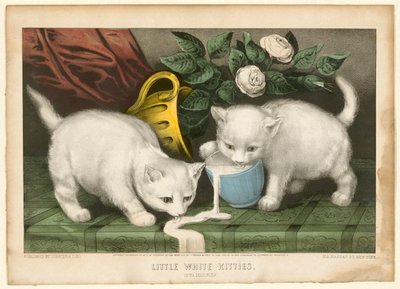 Gatinhos brancos em travessuras de Currier and Ives