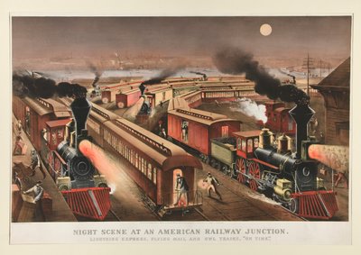 Cena noturna em uma junção ferroviária americana de Currier and Ives