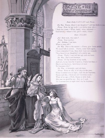 Um quarto na casa dos Capuletos, ilustração de Roma e Julieta, de Curtazzo Curtazzo