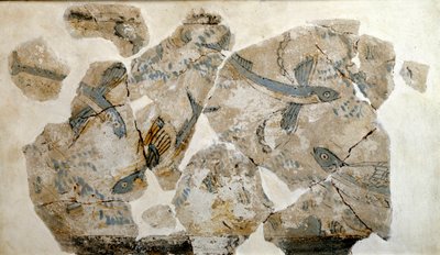Arte Cicládica: fragmento de afresco representando peixes voadores (andorinhas-do-mar). do local de Phylakopi (ilha de Melos) 2500 BC Dim. 23 cm Athenes, museu arqueológico nacional - Arte Cicládica: fragmentos de um fresco representando peixes voadores (a de Cycladic