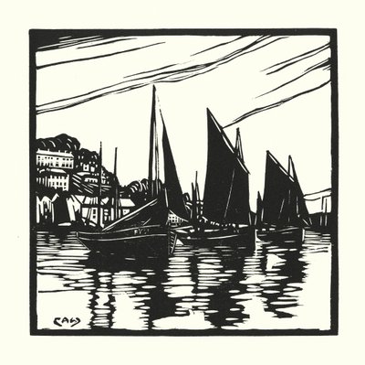 Barcos de pesca e barcaças: Cornish Drifters, Looe (xilogravura) de Cyril A. Wilkinson