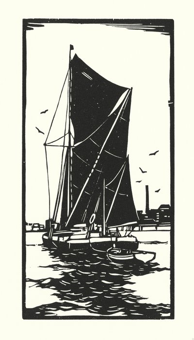 Barcos de pesca e barcaças: Barcaça do Tamisa (xilogravura) de Cyril A. Wilkinson