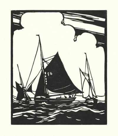 Barcos de pesca e barcaças: Barco de ostras de Whitstable (xilogravura) de Cyril A. Wilkinson