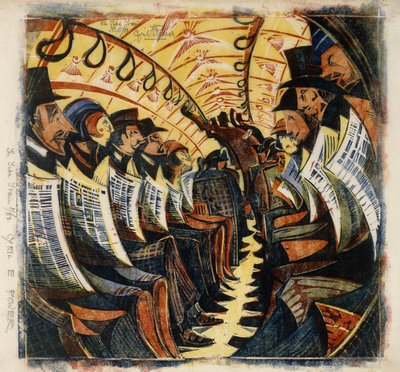 The Tube Train, c.1930 (linogravura impressa em cores no tecido japão) de Cyril Edward Power