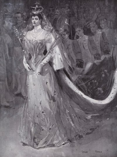 Rainha Alexandra deixa a Abadia de Westminster, Londres, após a sua coroação e a do Rei Eduardo VII de Cyrus (after) Cuneo