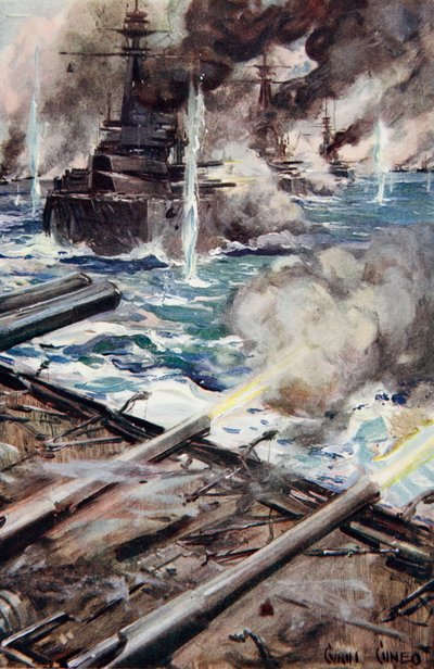 &39;Uma frota de couraçados de batalha em disparada&39;, ilustração de &39;Told in the Huts: The YMCA Gift Book&39;, publicada em 1916 de Cyrus Cuneo