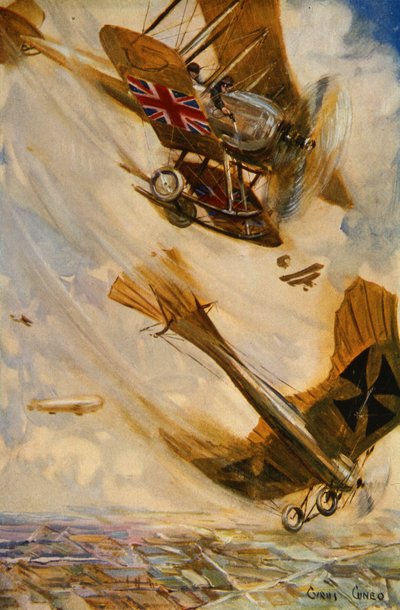 Biplano britânico derrubando um monoplano alemão Taube com fogo de pistola, no início da guerra (cor litho) de Cyrus Cuneo