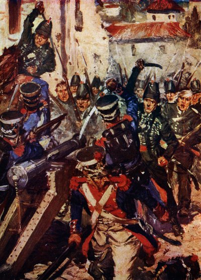 A Brigada de Espingardas a limpar uma Aldeia (cor litho) de Cyrus Cuneo
