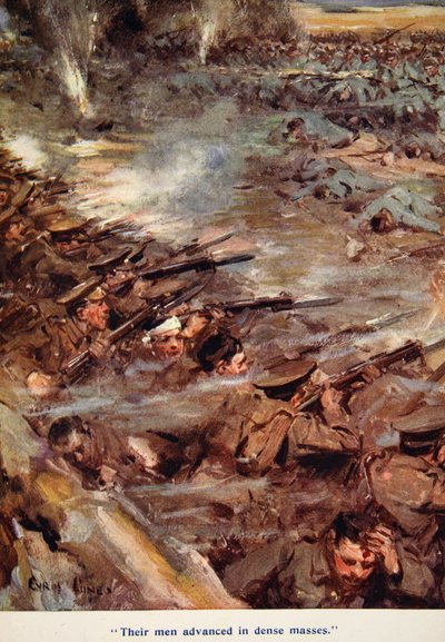 "Seus homens avançaram em massas densas", ilustração de "Told in the Huts: The YMCA Gift Book", publicado em 1916 de Cyrus Cuneo