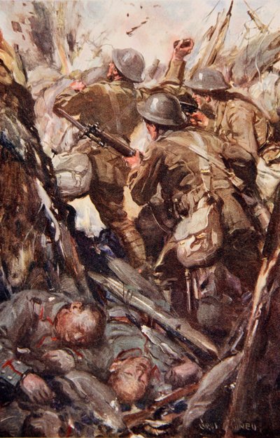 "Eles bombardearam e baionetearam seu caminho até a trincheira do inimigo", ilustração de "Told in the Huts: The YMCA Gift Book", publicado em 1916 de Cyrus Cuneo